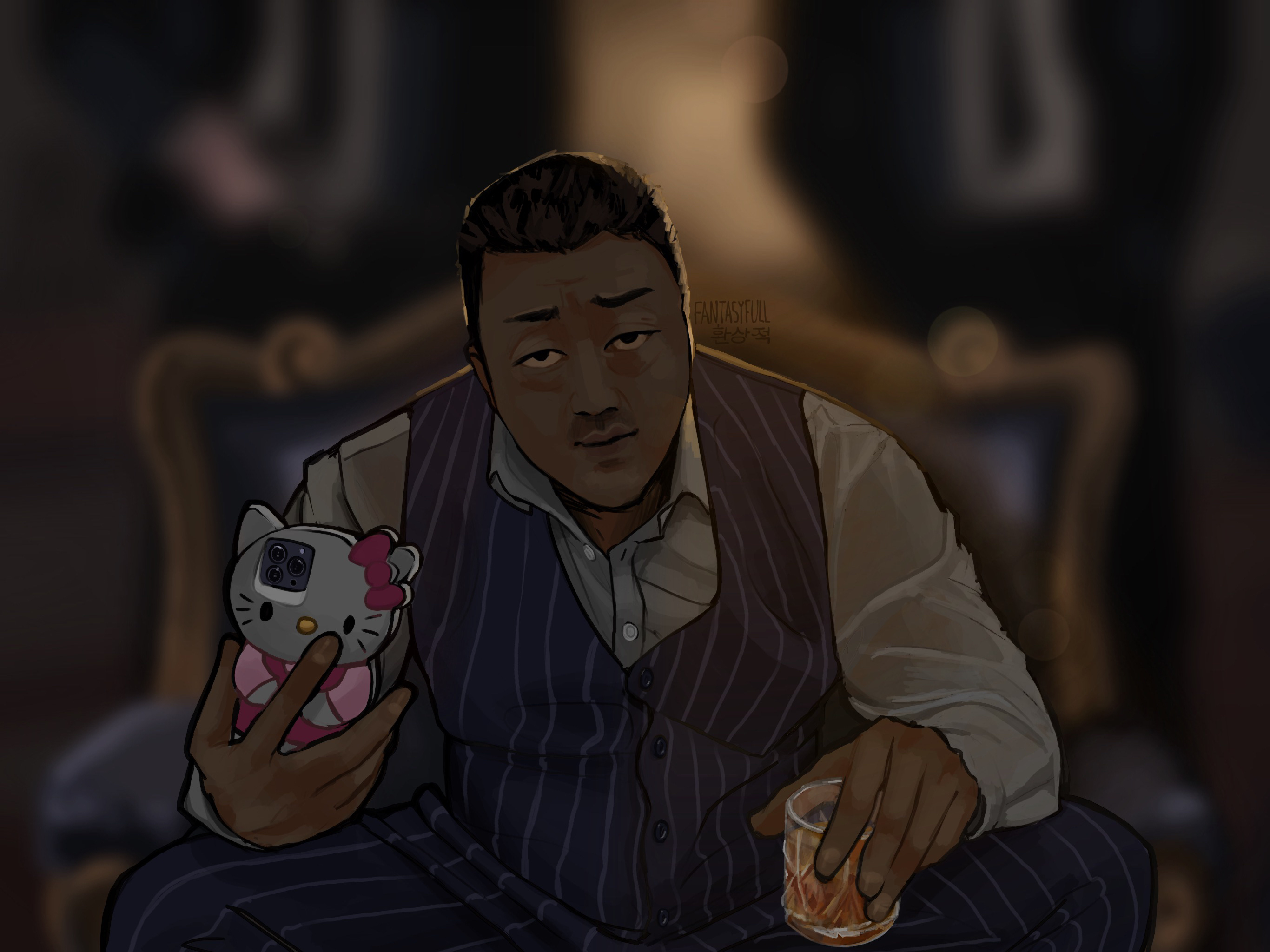 art of big guy with hello kitty phone case