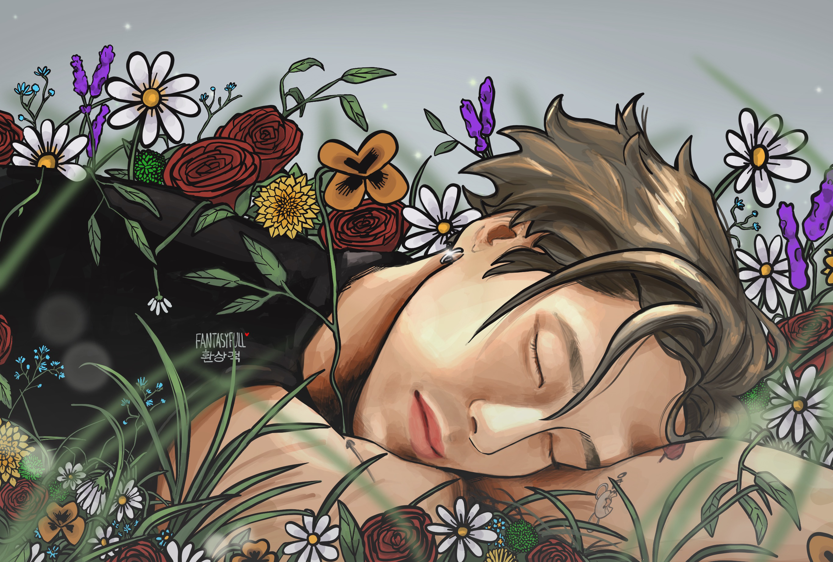 art of jackson wang lying in flowers